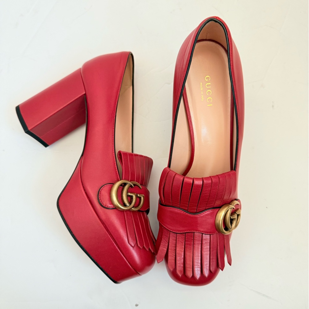 Gucci Hibiscus Red Leather Malaga Kid GG Marmont Fringe Platform Loafer Pumps 39 - Picture 2 of 15